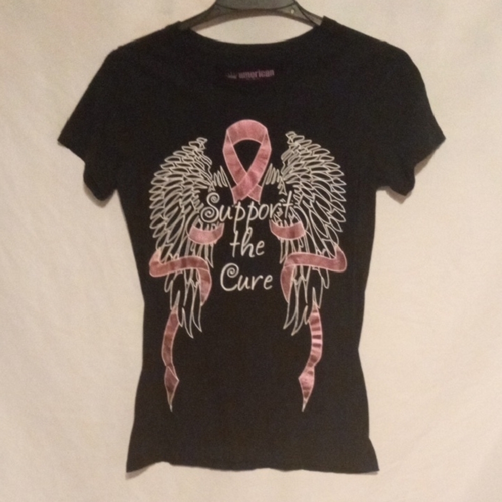 NWOT Women's Black T-Shirt with Pink Ribbon Design